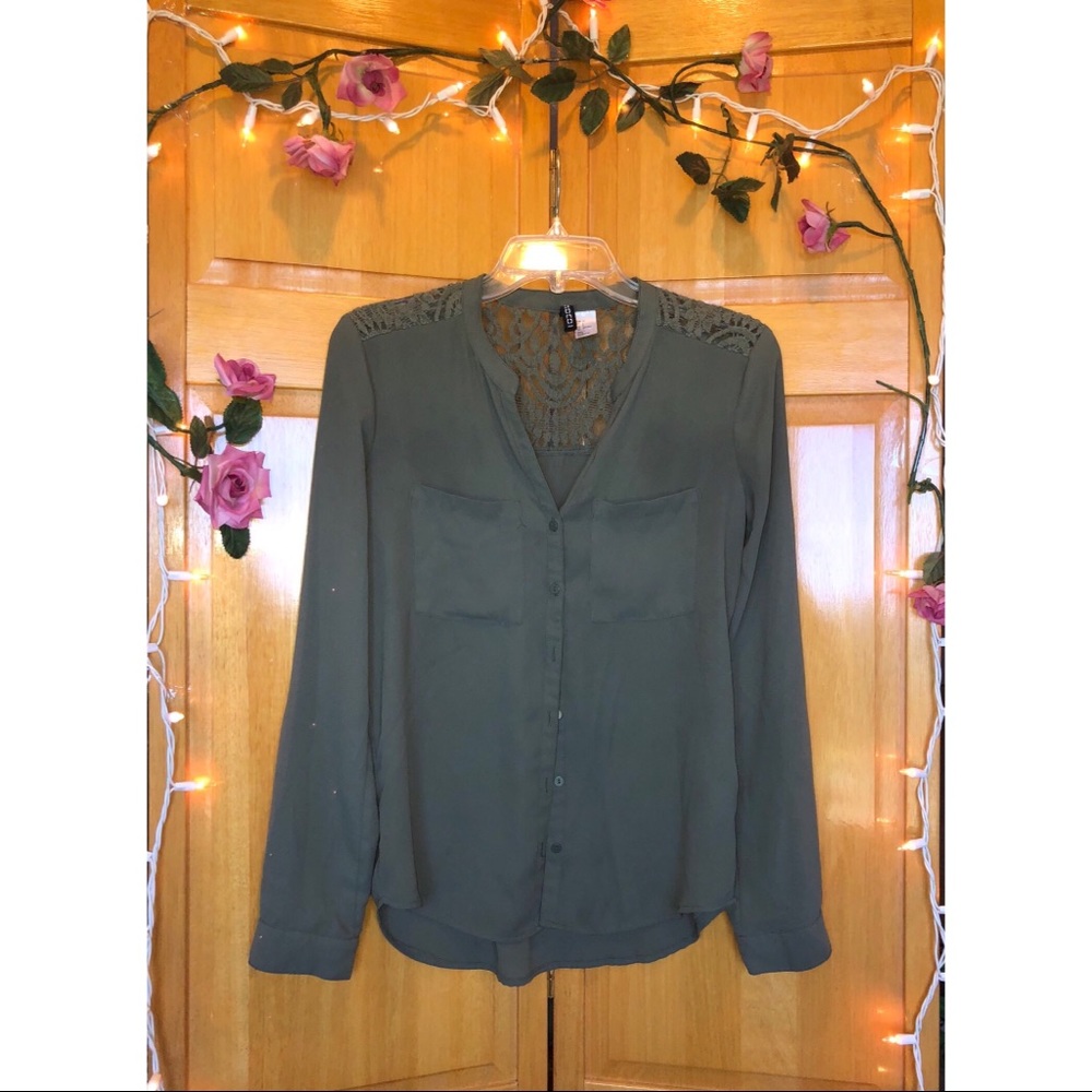 olive chiffon button up blouse